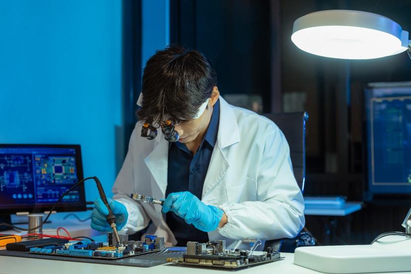 Technician Repairing Circuit Board With Soldering Iron in Modern Laboratory